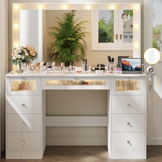Makeup Vanity Desk with LED Lights and Large 36.9’’ Mirror, 9 Drawers Vanity with Glass Top & 3 Color Hollywood Bulbs, Make Up Vanity with Charging Station & Crystal Knobs for Woman, White