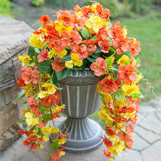 HyeFlora Hibiscus Fall Flowers Artificial Hanging Flowers Plants for Outdoors Autumn Decoration, 4pcs Silk Hibiscus Vines Realistic UV Resistant Faux Flowers for Outside Planters Yard Garden Home, Mix