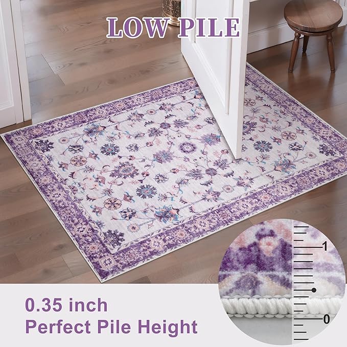 Tangsoo Small Rug 2x3 Washable Entry Rug for Entryways Non-Slip Vintage Floral Throw Area Rugs Purple Boho Rugs Distressed Floor Carpet Soft Low Pile Door Mat for Entrance Bedroom Kitchen Foyer Decor
