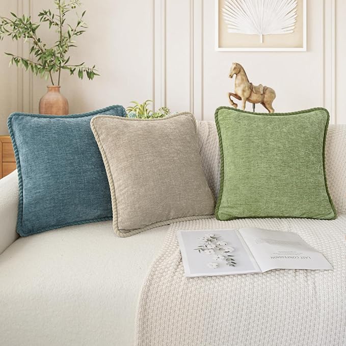 CaliTime Decorative Couch Throw Pillow Covers 16 X 16 Inches Pack of 2 Cozy Chenille Piping Edge Cushion Cases for Sofa Bed Living Room Home Smoke Blue