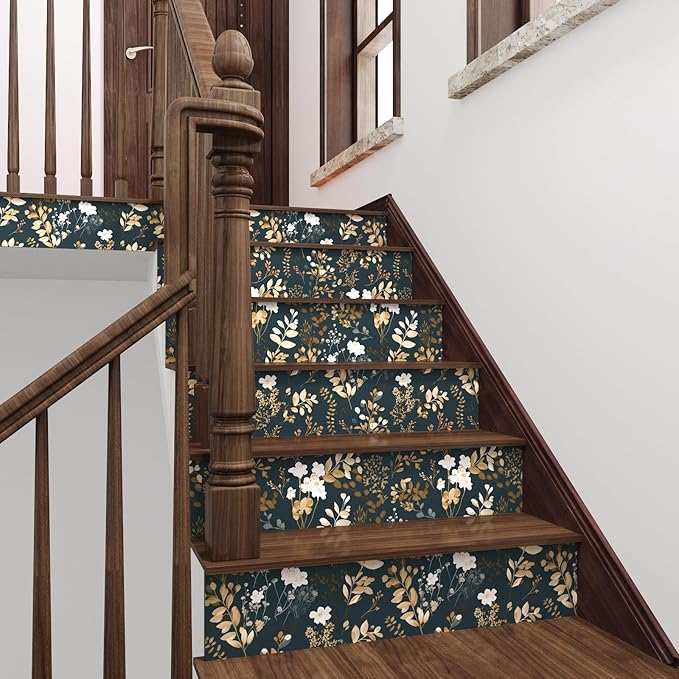 Navy Floral Wallpaper Peel and Stick Boho Wallpaper Vintage Blue/Gold Leaf Contact Paper Waterproof Self Adhesive Modern Wall Paper for Cabinet Walls Kitchen 17.5in x393in