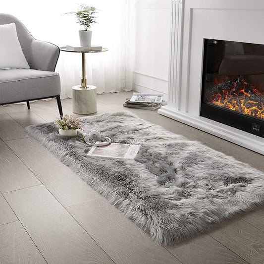 SERISSA Soft Fluffy Rug Grey Faux Sheepskin Fur Rug Shaggy Area Rug for Bedroom Floor Living Room 3x5 Feet