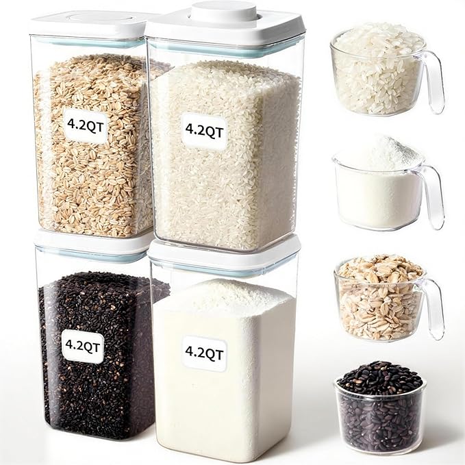 Cozey Daily Airtight Food Storage Container with Pop Lid & 130ml Scoop, BPA-Free Cereal, Rice, Flour, Pasta & Snack Container, Stackable & Durable, Kitchen Pantry Organizer (4000ml / 4.2qt *4)