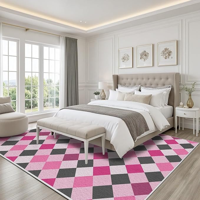 Diamond Checkered Rug 2x3, Soft Ultra Soft Faux Wool Abstract Geometric Rugs, Indoor Floor Mats Carpet, Non Slip&Non-Shedding Low Pile Washable Rugs, Modern Red Rug for Bedroom