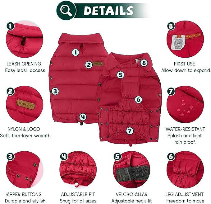 SPACE LION Dog Puffer Jacket, Down Winter Coat, Durable Outdoor Coat for Cold and Windy Conditions, Lightweight & Adjustable Fit Coats for Small & Medium Dogs, (Red, Size12/M)
