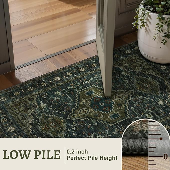 Tangsoo 3x5 Washable Rugs Oriental Area Rug, Vintage Non Slip Indoor Accent Rug, Print Distressed Olive Green Carpet, Soft Low Pile Rug for Living Room Dining Bedroom Bedside Entryway