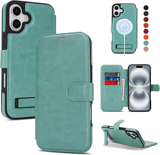 CIVICASE for iPhone 17 Wallet Case with Stand,PU Leather Flip Credit Card Holder Slots (RFID Blocking),Compatible with Magsafe Magnetic Holder Phone Cover Women Men,Green