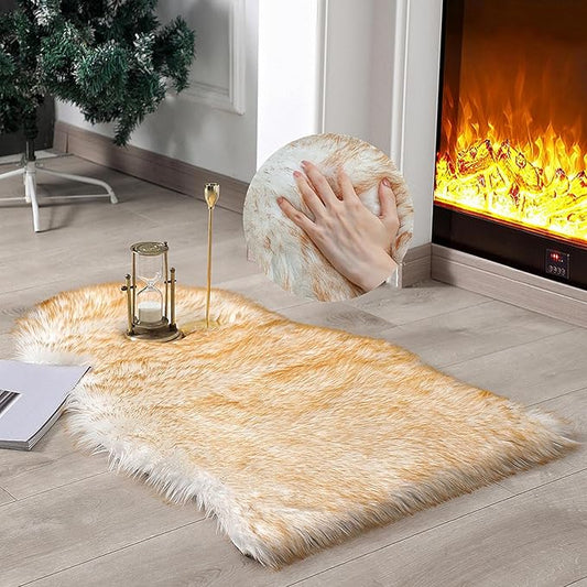 Faux Fur Rug Sheepskin Shag Fluffy Fuzzy 2x3 ft Small Rugs for Bedroom Bedside Bed Floor Living Room Plush High-Density Cushion Carpet Super Sofa Cover White and Yellow