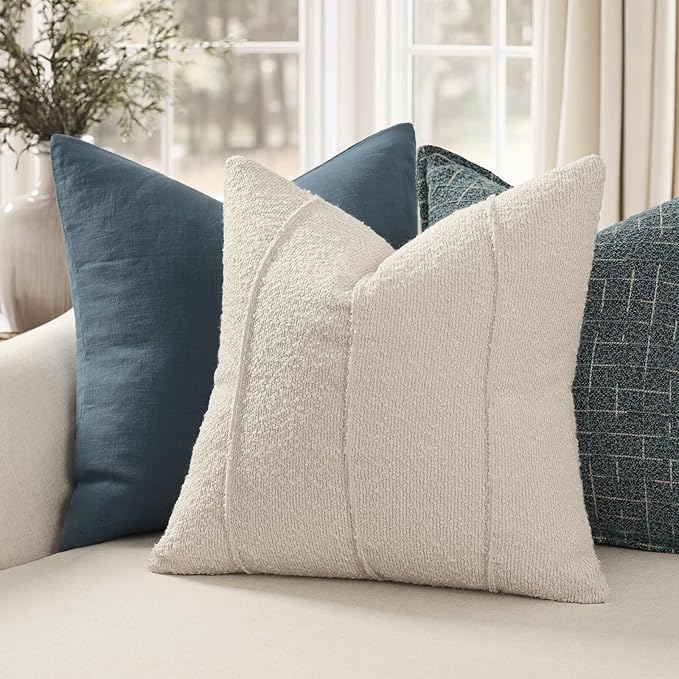 YCOLL Textured Boucle Throw Pillow Covers 18x18 Pack of 2 - Soft Neutral Striped Cushion Covers, Cozy Accent Decorative Pillow Covers for Couch, Sofa, Bed, Living Room (Beige)