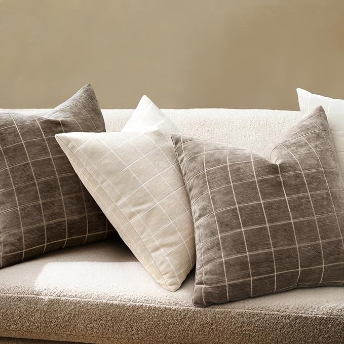MIULEE Decorative Chenille Check Throw Pillow Covers Vintage Plaid Couch Pillows 22x22 Inch Set of 2 Neutral Boho Farmhouse Cushion Covers Modern Spring Home Decor for Sofa Bed Living Room Taupe Grey