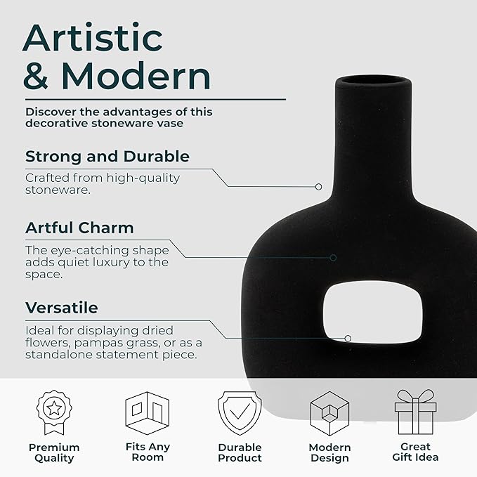 Sagebrook Home Modern Stoneware Vase - Matte Dolomite Decorative Accent for Home, Office & Living Room - Contemporary Minimalist Design - 8" Black