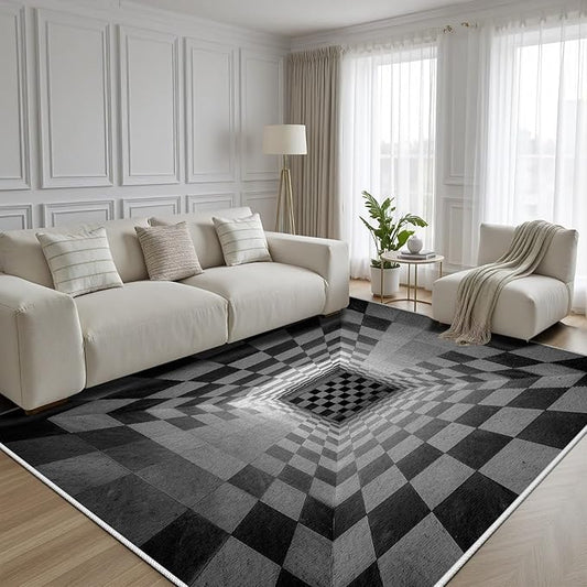 3D Rug 3x4, Plaid Soft Ultra Soft Faux Wool Low Pile Optical Illusion Rug, Indoor Floor Mats Abstract Geometric Carpet, Non-Slip Stain Resistant Washable Rugs, Modern Gray Rugs for Living Room