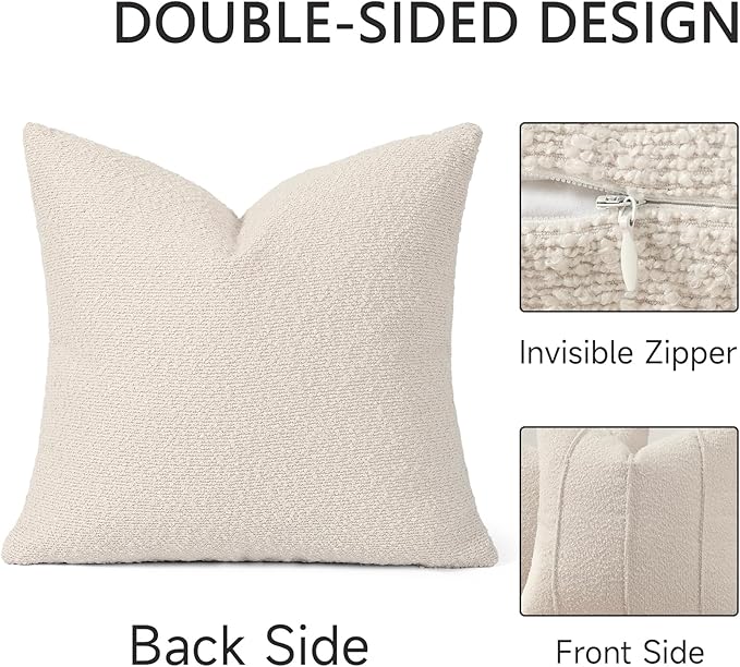 YCOLL Textured Boucle Throw Pillow Covers 18x18 Pack of 2 - Soft Neutral Striped Cushion Covers, Cozy Accent Decorative Pillow Covers for Couch, Sofa, Bed, Living Room (Beige)