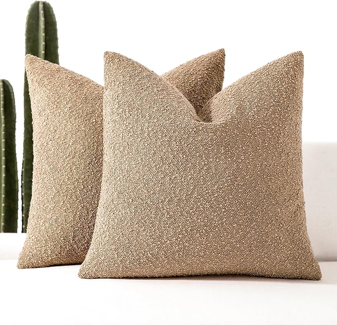 Boucle Decorative Throw Pillow Covers for Couch Set of 2, 20x20 inches, Camel