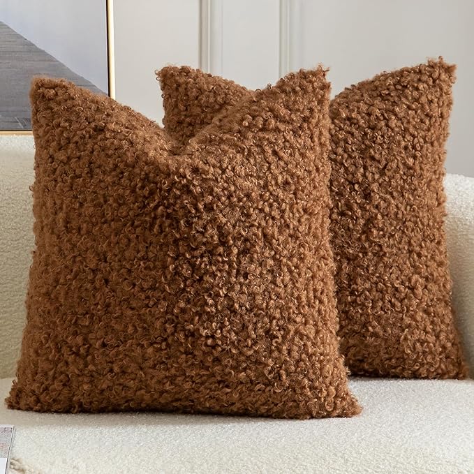 Yaertun Pack of 2 Faux Fur Throw Pillow Covers Decorative Sherpa Boucle Pillow Covers Fuzzy Soft Pillowcases Sheepskin Fleece Cushion Case for Couch Sofa Bed Living Room 24x24 Inch Brown