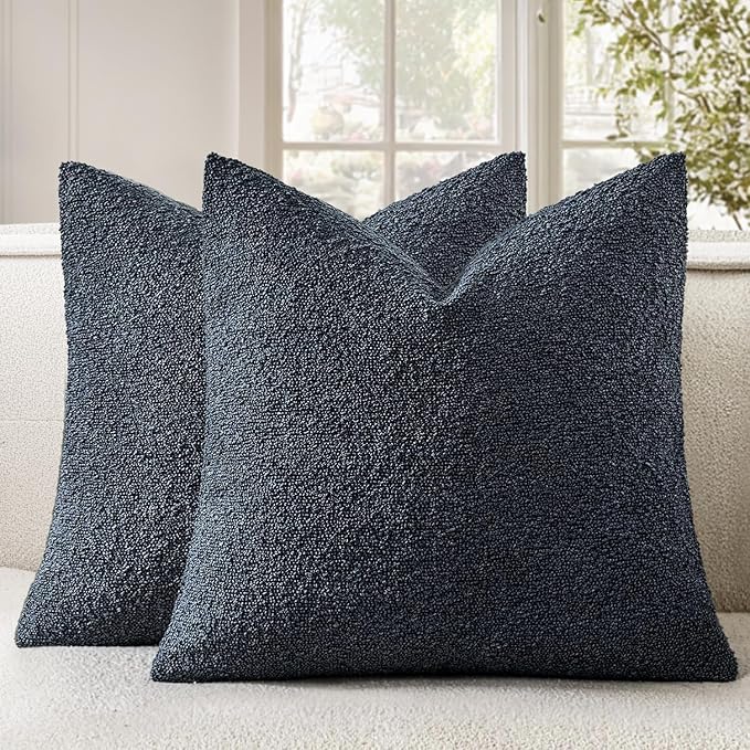 Woaboy Pack of 2 20x20 Inch Decorative Boucle Throw Pillow Covers Textured Square Pillowcaes Accent Solid Cozy Soft Cushion Covers Home Decor for Sofa Couch Living Room Home Decor,Navy Blue