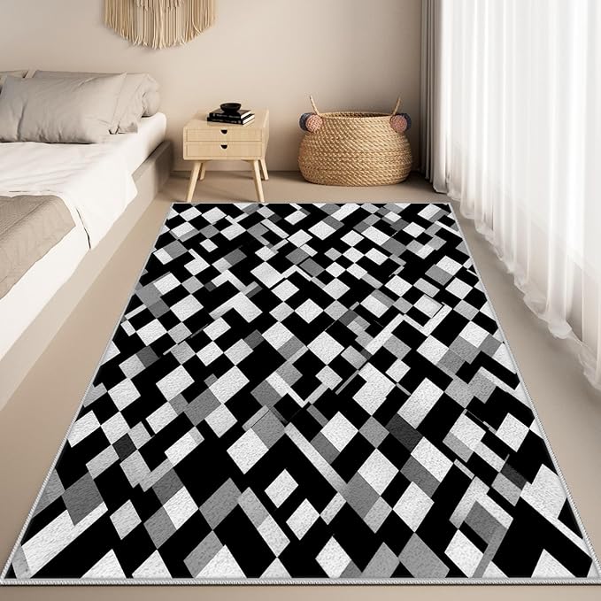 Black White and Grey Rug - Geometric Area Rug, Area Rugs 6x8, Modern Abstract Rugs, Irregular Block Splicing Carpet Washable Non Slip Home Decor Carpet for Living Room