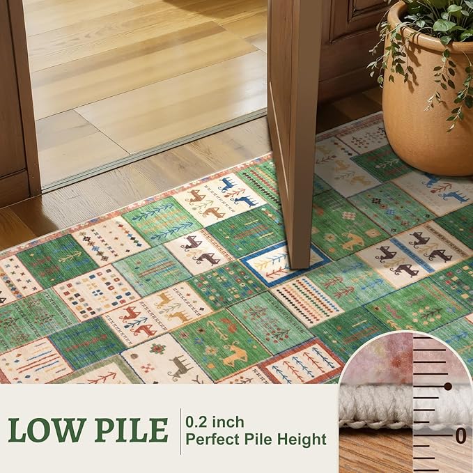 Tangsoo 2x3 Small Rugs for Entryway,Washable Vintage Entry Rug Non Slip, Soft Low Pile Throw Rugs Tribal Front Indoor Rug Small Carpet for Entrance Bedroom Kitchen Laundry Bedside (Green Beige)