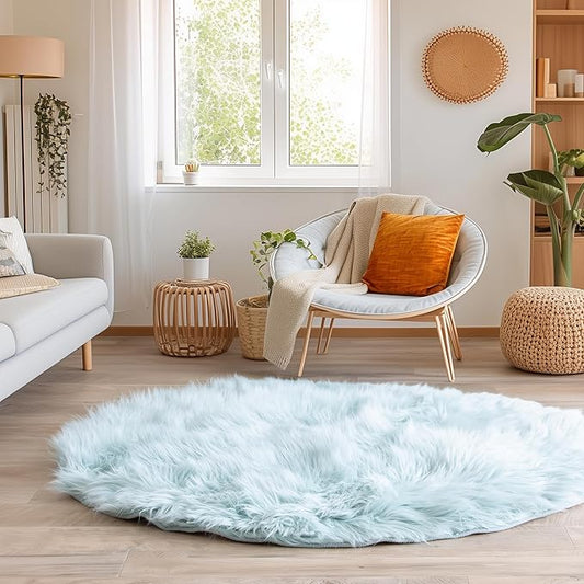 Super Area Rugs Ultra Soft & Fluffy Faux Sheepskin Rug, Teal 5 X 5 Round Carpet for Bedroom Living Room