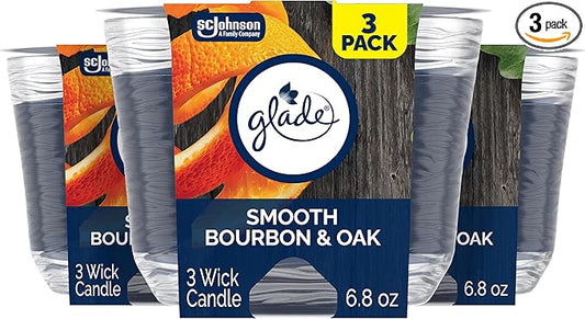 Glade 3-Wick Scented Candle Jar, Smooth Bourbon & Oak, Air Freshener Infused with Essential Oils, 6.8 Oz, 3 Count