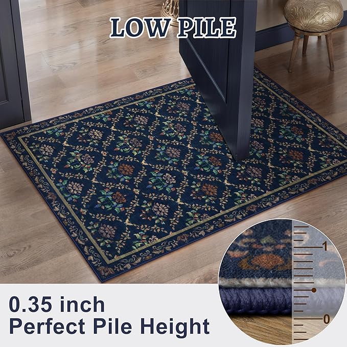 Tangsoo 2x3 Small Washable Entry Rug,Non Slip Blue Floral Throw Area Rugs for Entryway,Front Door Mats Indoor Entrance Carpet for Kitchen Office Laundry, Soft Kids & Pets Friendly