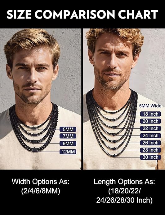Bandmax Mens Stainless Steel Chain Necklaces 5/7/9/12MM Chunky Miami Cuban Link Chain Necklace Bracelet Silver/Gold Plated/Black Chains for Men 18"-30"