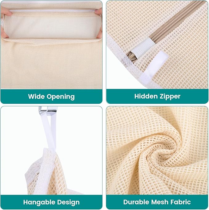 4Pcs Durable Cotton Mesh Laundry Bags for Delicates, 16×20inch Large Breathable Laundry Mesh Wash Bags with Sturdy Zipper for Delicates, Clothes, Pants, Underwear, Bra, Socks (L)