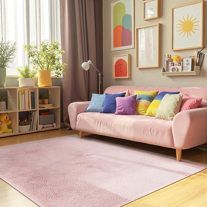 jinchan Solid Plush Area Rug 5x7 Performance Shaggy Washable Rug Indoor Soft Modern Faux Wool Cozy Non Slip Carpet for Living Room Kids Room Bedroom Dining Room Nursery Pink