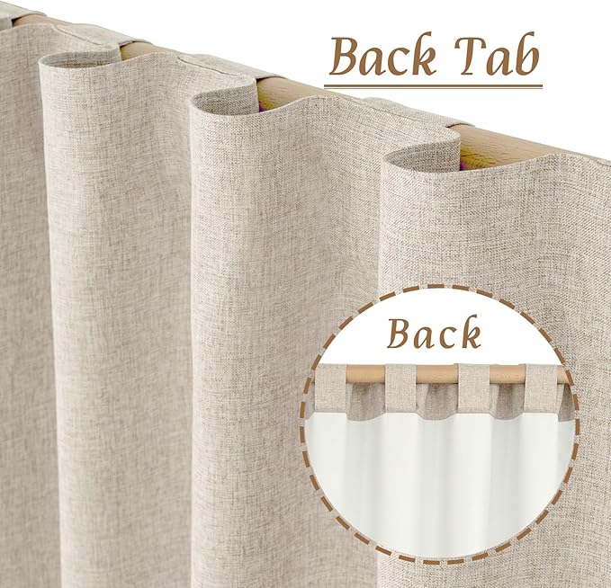 LAMIT Natural 100% Blackout Linen Curtains, 54 Inches Linen Textured Thermal Bedroom Drapes Back Tab and Rod Pocket Neutral Panels with White Liner for Small Window, 2 Panels, 42 x 54 Inch, Oatmeal