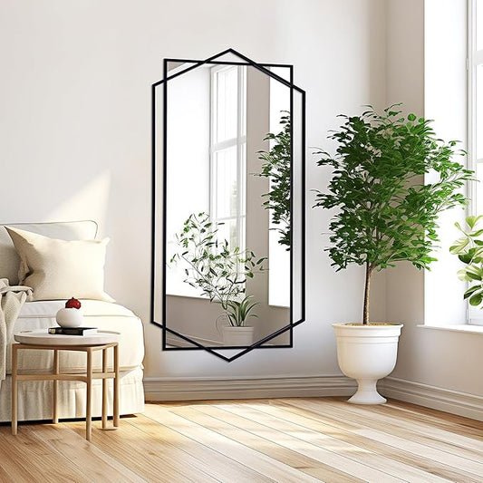 28"x 55" Decorative Mirror for Living Room with Hexagon and Rectangular Metal Frame, Entryway Mirror for Wall Decor, Vertical or Horizontal Hanging, Black