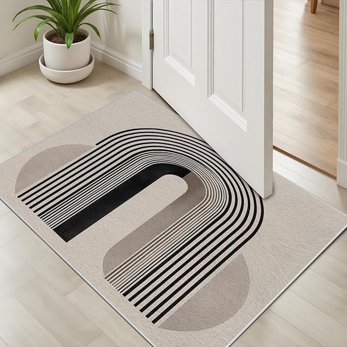 Modern Washable Rug for Living Room 2x3, Boho Abstract Striped Area Rugs, Soft Non Slip Low Pile Farmhouse Carpet for Bedroom Dining Room Kitchen, Stain Resistant, Pet Friendly, Beige Black