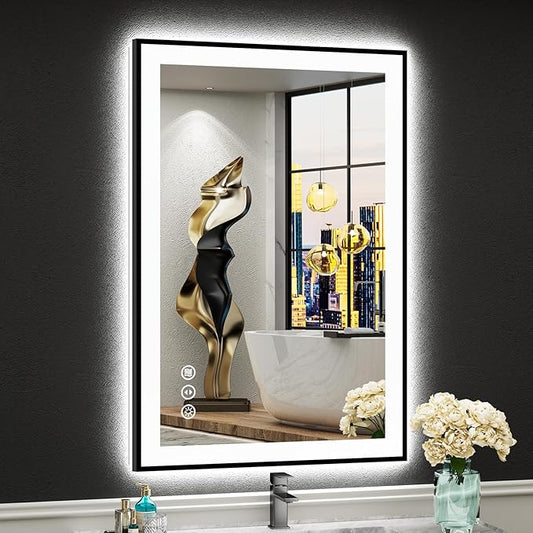 24x36 Black Framed LED Bathroom Mirror with Lights, Backlit and Front Lit, Anti-Fog Lighted Vanity Mirrors for Bathroom Wall, Dimmable, 3-Color Light, Memory, Shatter-Proof, HD Tempered Glass