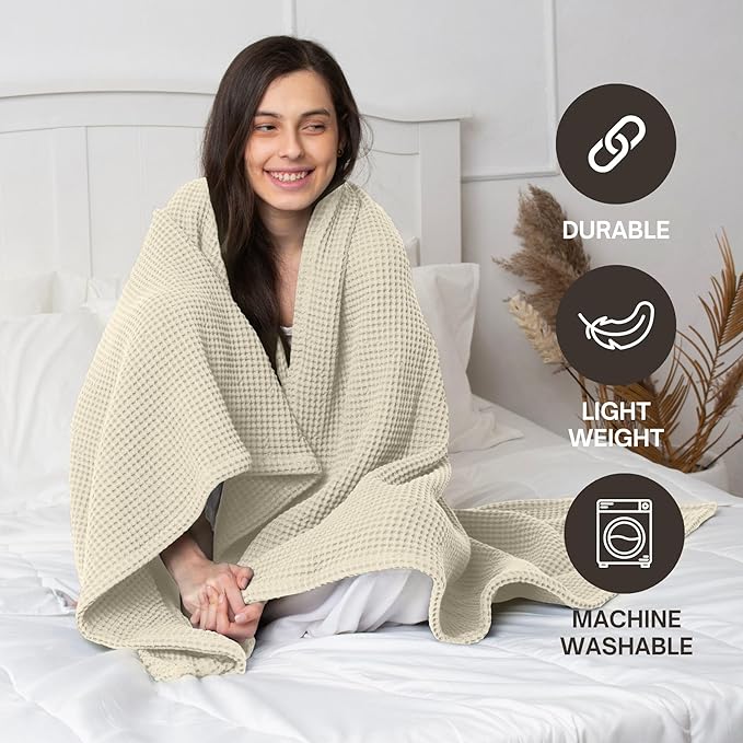 Organic Cotton Waffle Blanket Queen Size (90" x 90") Lightweight, Breathable and Soft, Luxurious Best Waffle Blanket for All-Season - Summer, Spring, Winter (Beige)
