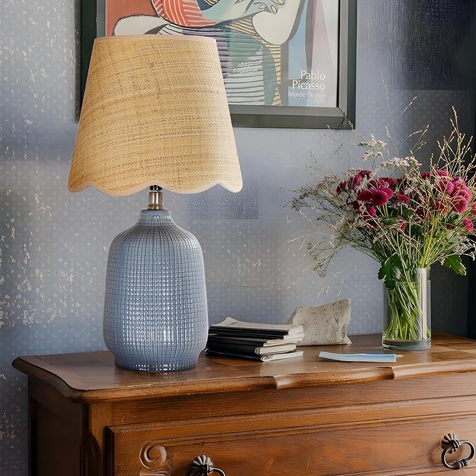 Pia Ricco 19" Modern Ceramic Table Lamp for Living Room Gray Bule Base Desk Lamps for Bedroom Farmhouse Bedside Nightstand Lamp End Table Lamps,Bule,Rattan Shade
