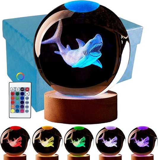 Large Shark Crystal Ball Night Light with Woodern Base, 3D Crystal Lamp 16 Color Changing with Remote Control, Laser Engraved Glass Ball Lamp, Room Decor (Shark)