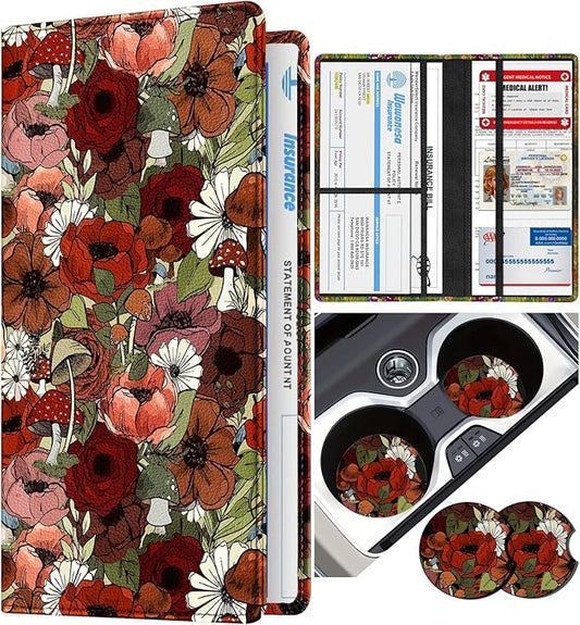 Slohif Car Registration and Insurance Holder - Flower Vehicle Glove Box Organizer Women with Magnetic Shut Leather Automobile License Holders Coasters Auto Accessories Case for Document