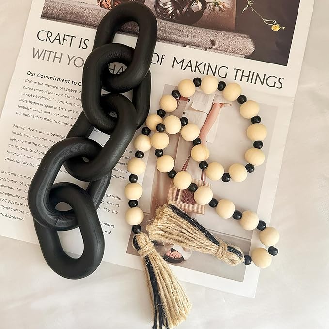 2 Pieces Decorative 5 Link Wooden Chain Decor and Bead Boho Farmhouse Rustic Home Table Decor Coffee Table Shelf Aesthetic Modern Bookshelf Table Wooden Decortion (Black)