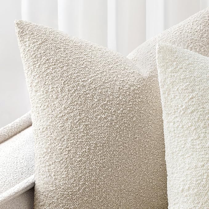 Woaboy Pack of 2 18x18 Inch Decorative Boucle Throw Pillow Covers Textured Square Pillowcaes Accent Solid Cozy Soft Cushion Covers Home Decor for Sofa Couch Living Room Home Decor,Natural Beige