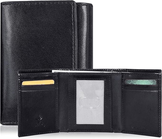 Real Leather Mens Trifold Wallet RFID Blocking Slim Minimalist Front Pocket - Thin & Stylish with ID Window in Gift Box