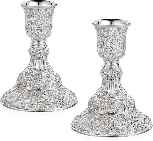 OwnMy 2PCS Brass Taper Candle Holders Candle Stick Holders Set Vintage Metal Pillar Candlestick Holders, 4”H Elegant Candle Stand Candelabra for Dining Table Centerpieces Wedding Home Decor, Silver