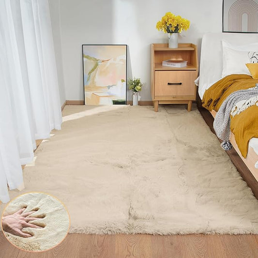 5x7 Area Rug Light Brown Beige Plush Shaggy Rugs for Bedroom Washable Faux Rabbit Fur Rug for Living Room Fluffy Large Nursery Rug Home Décor