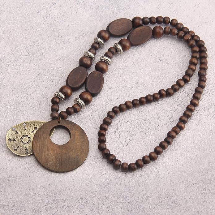 Leather Necklace for Women Boho Choker Necklace Long Cord Leather Pendant Bohemian Neckalce Vintage Alloy Pendant Leather Rope Necklace Wooden Necklaces for Women