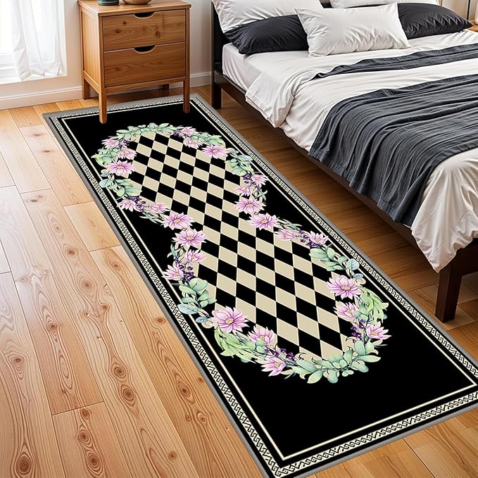 Vintage Farmhouse Checkered Hallway Carpet, 2x7ft, Elegant Floral Flower Checkerboard Indoor Throw Rugs, Absorbent Washable Foldable No Crease High Traffic Mat for Laundryroom Floor