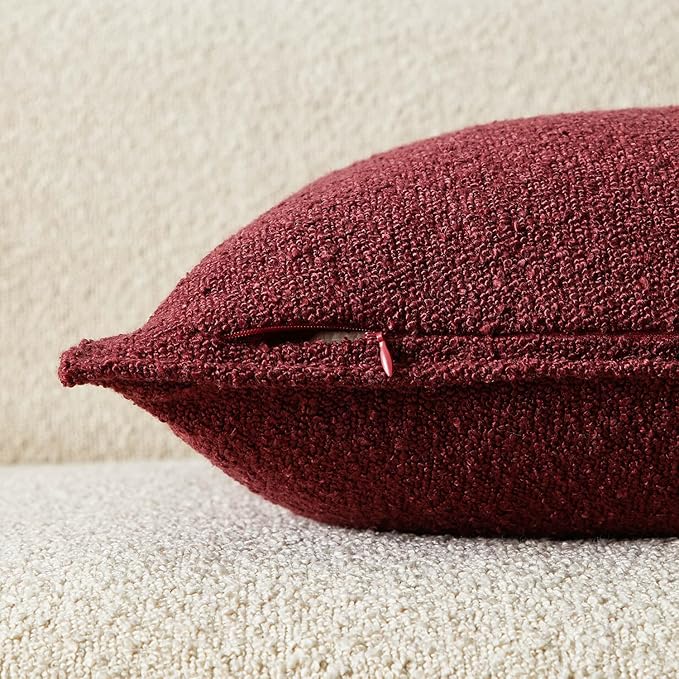 JUSPURBET 24x24 Throw Pillow Covers Set of 2 Decorative Pillow Covers for Couch Sofa Bed Cozy Boucle Textured Cushion Covers Cases with Invisible Zipper for Living Room Home Decor,Burgundy