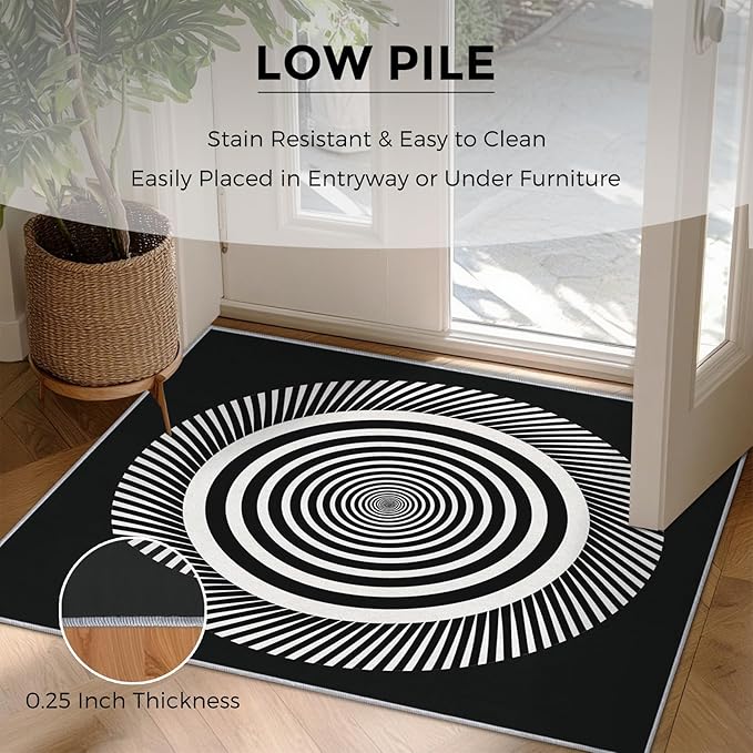 Black and White Circle Rugs for Home Decor, 5x7 ft, Abstract Op Art Area Rugs for Living Room, Soft Non Slip Washable Modern Geometric Carpet Bedroom Decorations Dt-Ghf-31