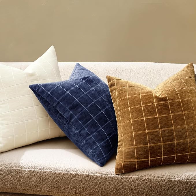 MIULEE Decorative Chenille Check Throw Pillow Covers Vintage Plaid Couch Pillows 18x18 Inch Set of 2 Neutral Boho Farmhouse Cushion Covers Modern Home Coastal Decor for Sofa Bed Living Room Navy Blue
