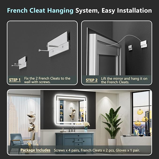 44x36 LED Bathroom Mirror with Lights, Backlit and Front Lit, Anti-Fog Lighted Vanity Mirrors for Bathroom Wall, Dimmable, 3-Color Light, Memory, Shatter-Proof, HD Tempered Glass, CRI＞90