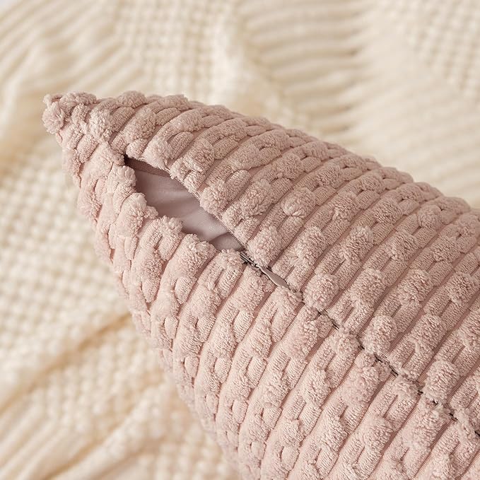 Kevin Textile Valentines Day Corduroy Decorative Throw Pillow Covers 20x20 Inch Pack of 2 Soft Boho Striped Pillow Covers Modern Home Decor Gifts for Spring Sofa Living Room Couch Bed Light Pink