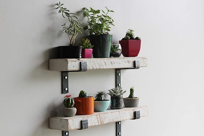 Urban Legacy Accent Shelves | Reclaimed Barn Plank | Set of 2 with Full Brackets (White Wash 18"x 4.5"x 2")