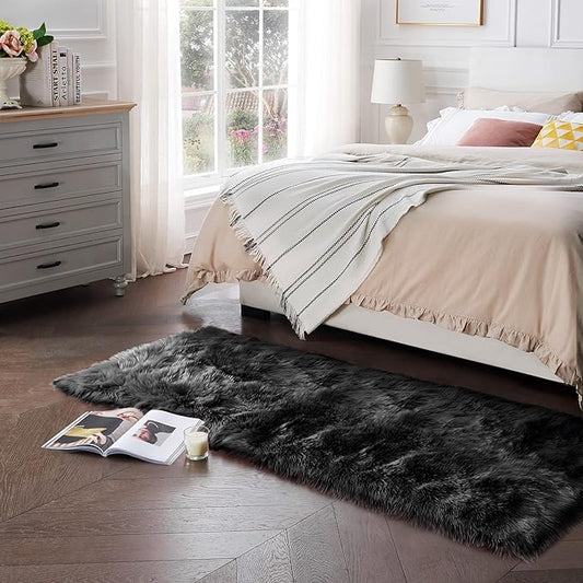 Ciicool Faux Fur Rug for Bedroom, Black Fluffy Shag Rugs for Sofa Couch Seat Cushion, Washable Fuzzy Runner Thick Fur Floor Carpets for Bedside Living Room, 2x6 Ft Rectangle